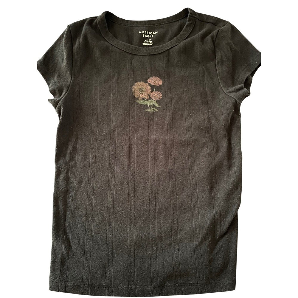 American Eagle Womens Black Pointelle Ribbed Floral Graphic Tee Shirt Small